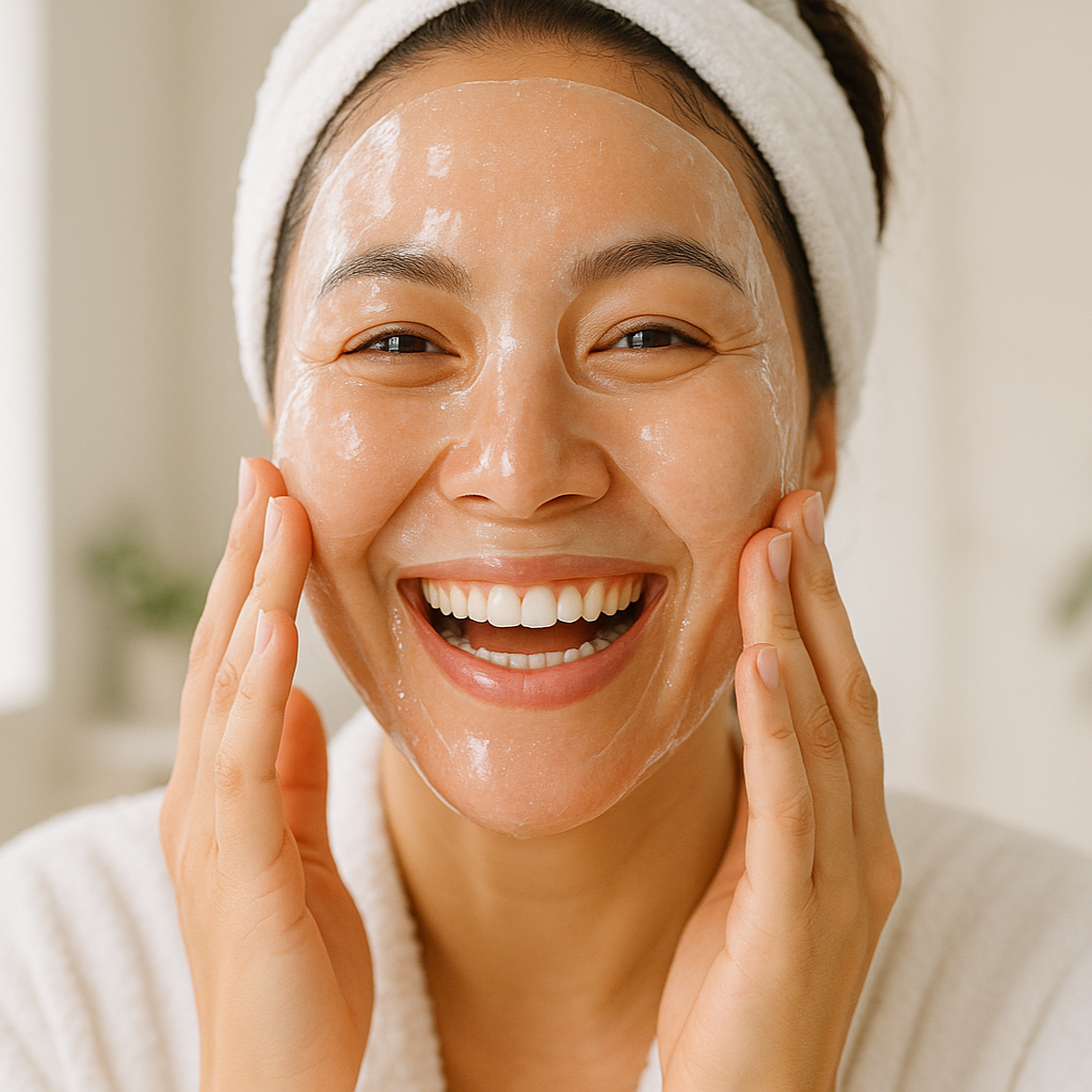 a picture of a woman applying a two piece korean hydrogel mask, laughing and having a great time
