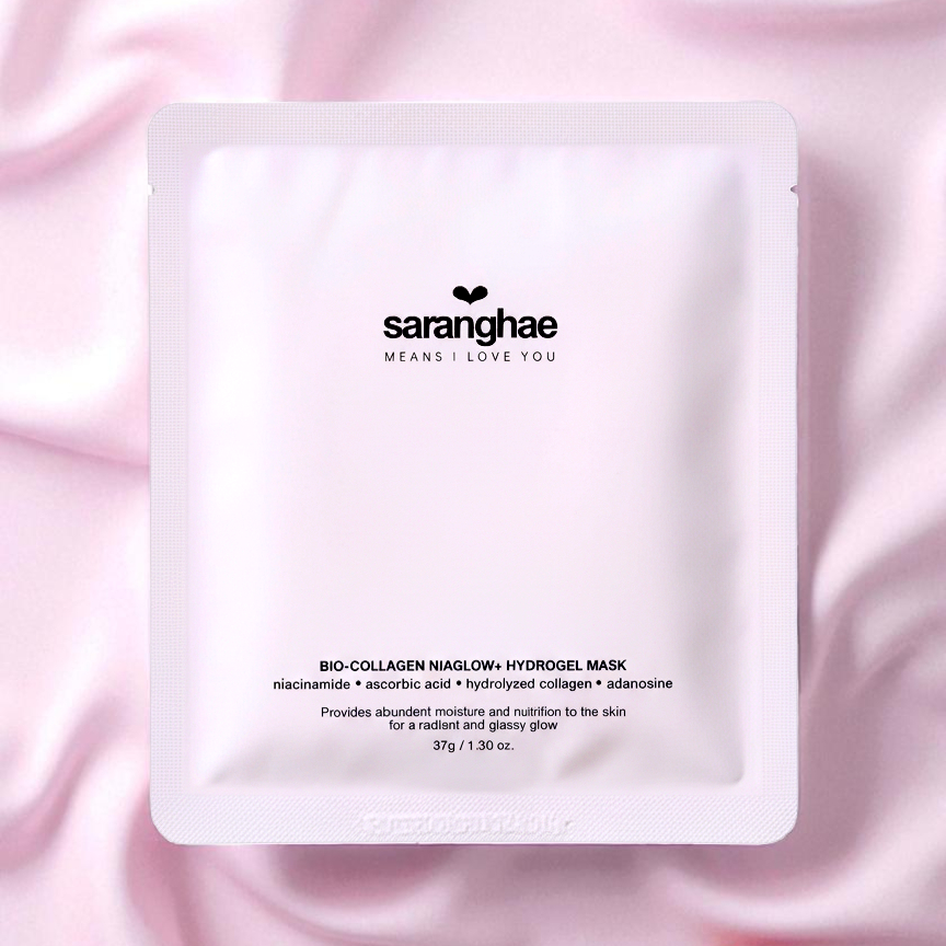 saranghae bio-collagen hydrogel mask pink background