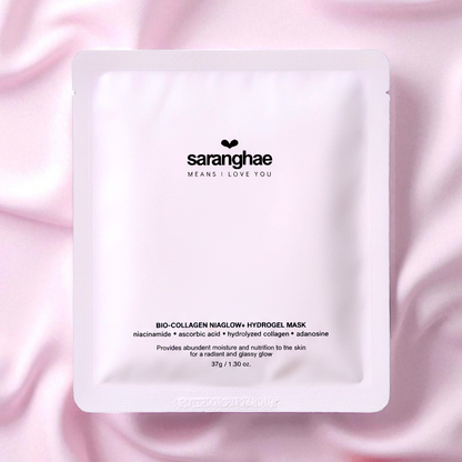 saranghae bio-collagen hydrogel mask pink background